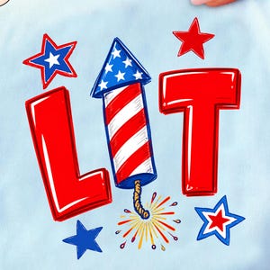 May include: Light blue fabric with a red, white, and blue graphic that says "LIT". The design includes a firework, stars, and a burst of sparks, perfect for Independence Day celebrations.