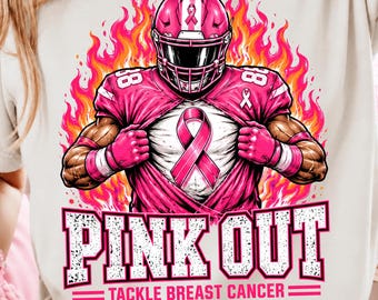Pink Out Tackle Breast Cancer Png, Football Breast Cancer Awareness Design, Pink Football Player Ribbon, Sports Support Sublimation Download
