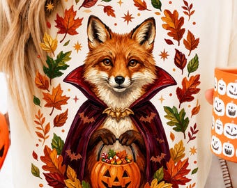 Halloween-rävvampyr png, söt hösträvpumpa png, läskigt höstskogsdjursdesign png, mysig Halloween-grafik för nedladdning