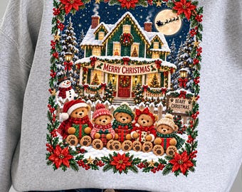 Merry Christmas Teddy Bear Png, Vintage Christmas House , 90's Cozy Winter Holiday Bears, Snowy Christmas Village, Festive Xmas Sublimation
