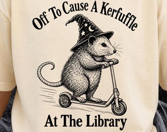 Off To Cause A Kerfuffle Png, Funny Opossum Scooter Library Design, Book Lover Reading Humor, Cute Bookworm Animal, Librarian Sublimation