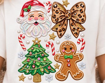 Leopard Christmas Santa Png, Gingerbread Christmas Bow Design, Trendy Holiday Png, Beige Gingham Xmas Design, Festive Christmas Sublimation