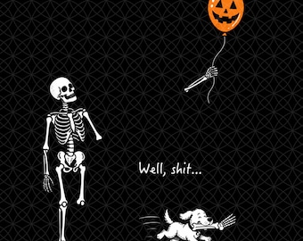 Skelett med förlorad ballong png, Tja, roligt hundskelettben png, mörk humor Halloween-tröjadesign png, gotisk sarkastisk sublimering
