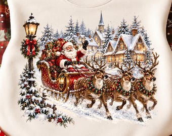 Vintage Santa Sleigh Christmas Png, Retro Reindeer Snowy Village Design, Cute Xmas Holiday Scene, Nostalgic Christmas Sublimation