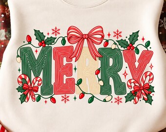 Merry Christmas Png, Retro Holiday Bow Christmas Design, Vintage Christmas Lights, Candy Cane Holly, Festive Xmas Typography, Cheerful