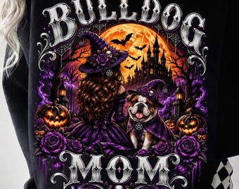 Halloween Pink Witch Bulldog Mom Png, Gothic Spooky Moon Night Design, Funny Bulldog Halloween, Pink Witch Dog, Spooky Season Sublimation