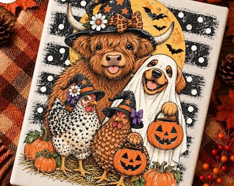 Halloween Highland Cow Png, Witch Cow Chicken Dog Bundle Design, Farmhouse Spooky Animals, Pumpkin Halloween Farm, Fall Country Sublimation