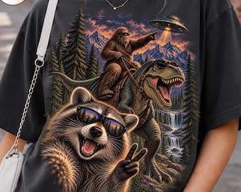 Raccoon Selfie Bigfoot T Rex UFO Png, Funny Cryptid Design, Sasquatch Dinosaur Alien Humor, Weird Wilderness, Funny Raccoon Png