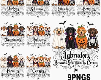 Halloween Dog Lovers Bundle Png, 9 Breed Designs, Yorkie Schnauzer Rottweiler Beagle Dachshund Bulldog Labrador Poodle Corgi, Spooky Dogs