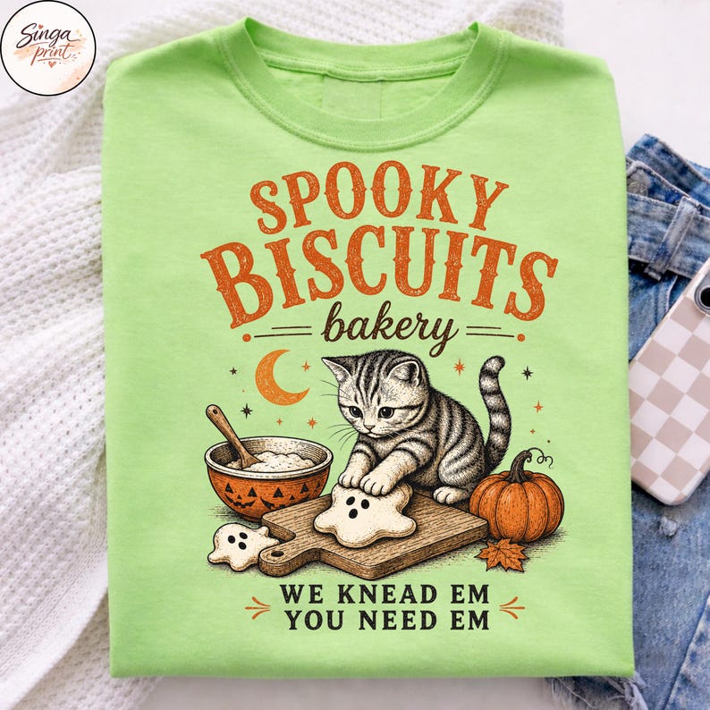 Puede incluir: Una camiseta verde lima con un gr&aacute;fico de un gatito atigrado horneando galletas con forma de fantasma sobre una tabla de madera. El texto dice "SPOOKY BISCUITS bakery" y "WE KNEAD EM YOU NEED EM" junto a una calabaza y un cuenco.