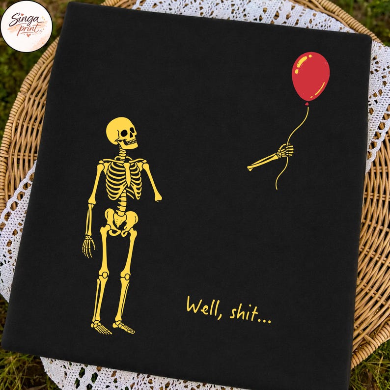 Skelett med förlorad ballong png, Tja, roligt skelett png, mörk humor Halloween-tröja design png, gotisk sarkastisk sublimering bild 3