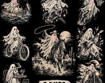 Ghost Halloween Png Bundle, Spooky Ghost Activities Png, Western Ghost Cowboy, Ghost Biker, Skateboard Ghost, Fishing Ghost Sublimation