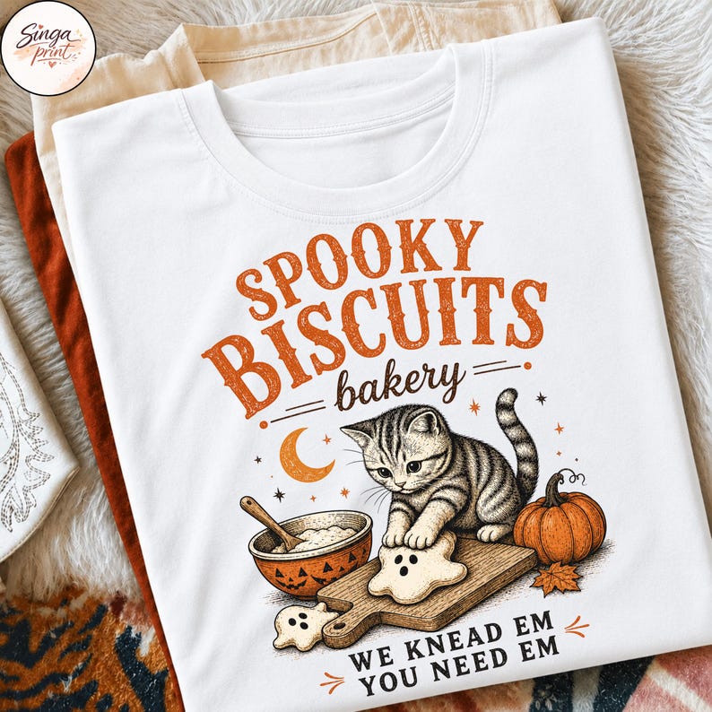 Puede incluir: Una camiseta blanca con un gr&aacute;fico de un gatito atigrado horneando galletas con forma de fantasma. El texto dice "SPOOKY BISCUITS bakery" y "WE KNEAD EM YOU NEED EM". El dise&ntilde;o incluye una luna creciente naranja, una calabaza y un taz&oacute;n.