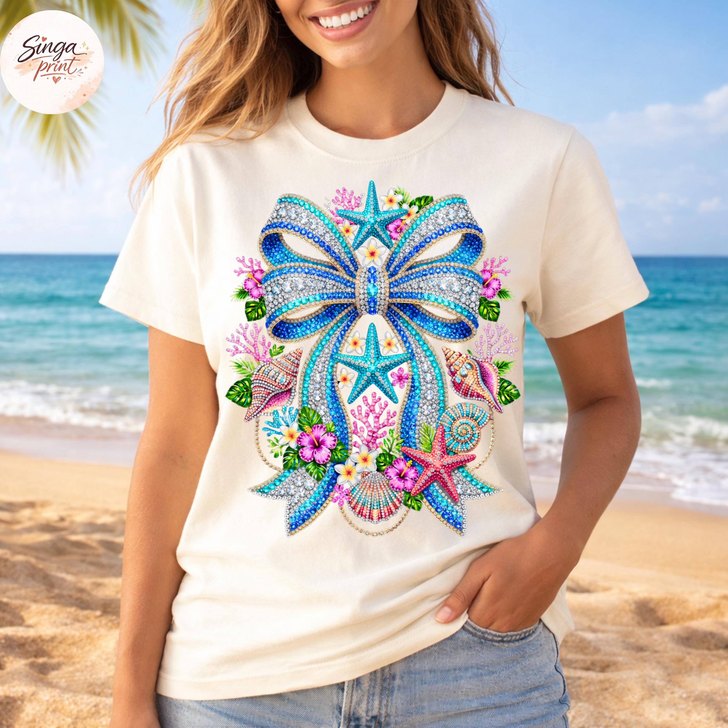 Coastal Rhinestone Bow PNG: Beach Seashell Starfish Tropical Floral Png ...