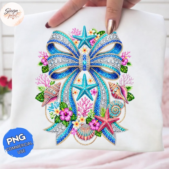 Coastal Rhinestone Bow PNG: Beach Seashell Starfish Tropical Floral png, Ocean Summer, Pink Rhinestone Printable, Digital File