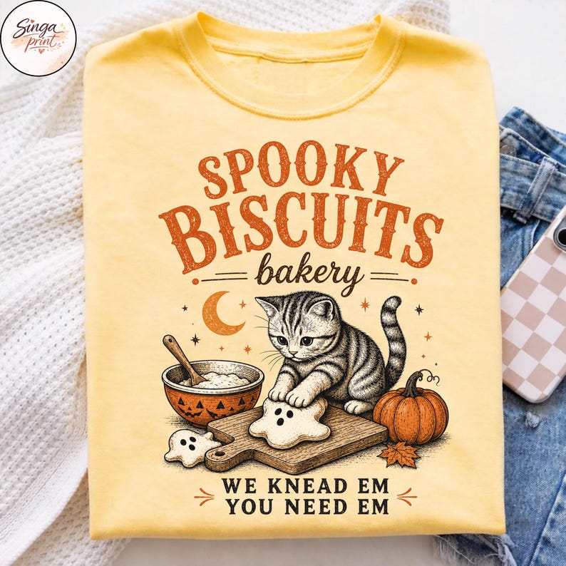 Puede incluir: Una camiseta de color amarillo p&aacute;lido con un gr&aacute;fico de un gato atigrado horneando galletas con forma de fantasma sobre una tabla de madera. El texto dice SPOOKY BISCUITS bakery y WE KNEAD EM YOU NEED EM. Incluye una calabaza y un cuenco.