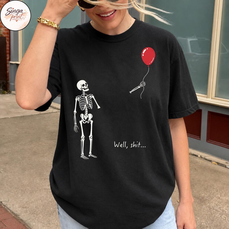 Skelett med förlorad ballong png, Tja, roligt skelett png, mörk humor Halloween-tröja design png, gotisk sarkastisk sublimering bild 5