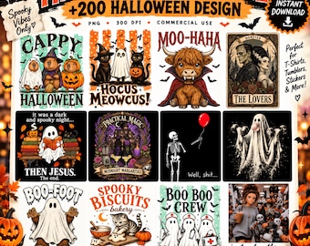 200+ Halloween PNG Bundle, Spooky Ghost Pumpkin Witch Designs, Halloween Sublimation, Digital Download
