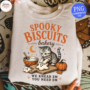 Galletas espeluznantes de panadería PNG, divertido gato panadero de Halloween PNG, hornear galletas de fantasma PNG, panadería de gatitos vintage PNG, lindo horneado de otoño por sublimación imagen 2