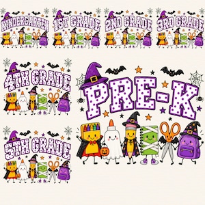 Könnte beinhalten: Eine Sammlung von Halloween-Schulklassen-Etiketten, darunter Kindergarten, 1st Grade, 2nd Grade, 3rd Grade, 4th Grade, 5th Grade und Pre-K. Jedes zeigt animierte Schulsachen wie Buntstifte, Kleber, Bleistifte und Scheren mit Hexenhüten.
