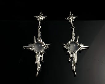 Liquid Metal Cross Earrings with Moonstone, Gothic Punk Silver Dangle Earrings, Y2K Grunge Cybercore Jewelry, Hypoallergenic Titanium Steel