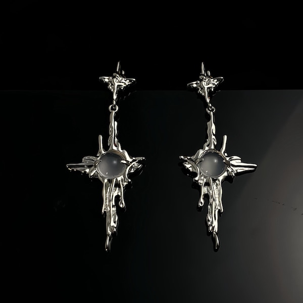 Liquid Metal Cross Earrings with Moonstone, Gothic Punk Silver Dangle Earrings, Y2K Grunge Cybercore Jewelry, Hypoallergenic Titanium Steel