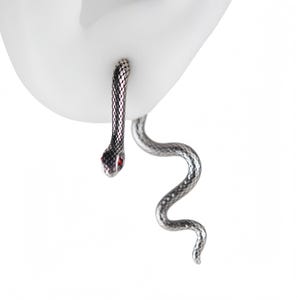 K&ouml;nnte beinhalten: Ein silberfarbener Schlangenohrring mit texturiertem Schuppenmuster und kleinen roten Augen. Das Design besteht aus einem geraden Kopfbereich, der durch das Ohrl&auml;ppchen f&uuml;hrt, und einem langen, gewundenen Schwanz, der unter dem Ohr h&auml;ngt.