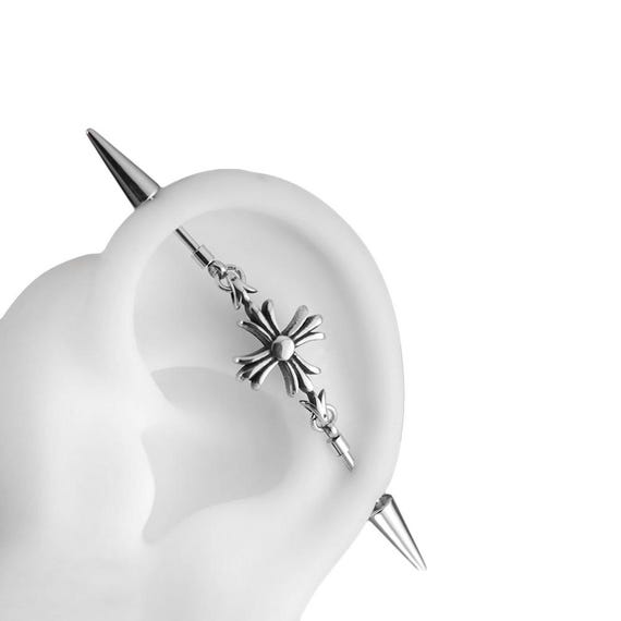 Cross Industrial Barbell 16G Titanium Steel Ear Scaffold Piercing, Gothic Cartilage Earring, Punk Body Jewelry,
