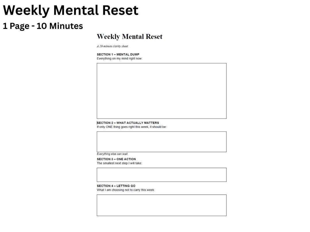 Weekly Mental Reset Printable – 1 Page Clarity Worksheet for ...