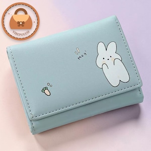 Cartera delgada de piel sintética con estampado de conejito / Tarjetero multibolsillos con cierre a presión