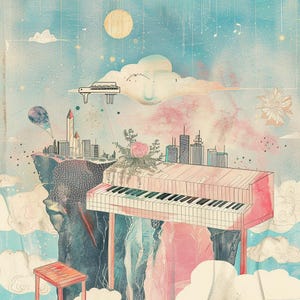 Pode incluir: Ilustração artística com um piano rosa com teclas pretas e brancas, contra um cenário de horizonte da cidade, nuvens e céu celestial. Um piano menor flutua acima. Uma cena caprichosa e sonhadora.