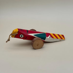 Handmade Wooden Bird Pull Toy | Vintage Folk Art Rolling Toy