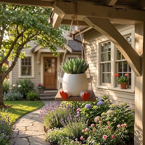 May include: A white penguin-shaped ceramic planter, holding a succulent, hangs from a wooden swing. The planter has orange feet and arms. The swing is suspended by rope from a wooden beam. The background features a house and garden.