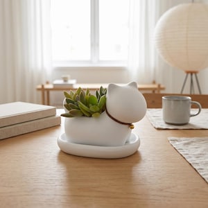Può includere: Una fioriera bianca a forma di gatto con una pianta succulenta verde. La fioriera ha un collare marrone con una piccola campana dorata. La fioriera poggia su un piattino bianco abbinato. La fioriera a forma di gatto è su un tavolo di legno.