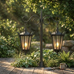 Puede incluir: Un poste de lámpara exterior de metal negro con dos faroles colgantes. Cada farol tiene una luz cálida y brillante en su interior. El poste de la lámpara está rodeado de plantas verdes y se encuentra sobre una plataforma de madera. También se ven una pequeña paleta y una taza.