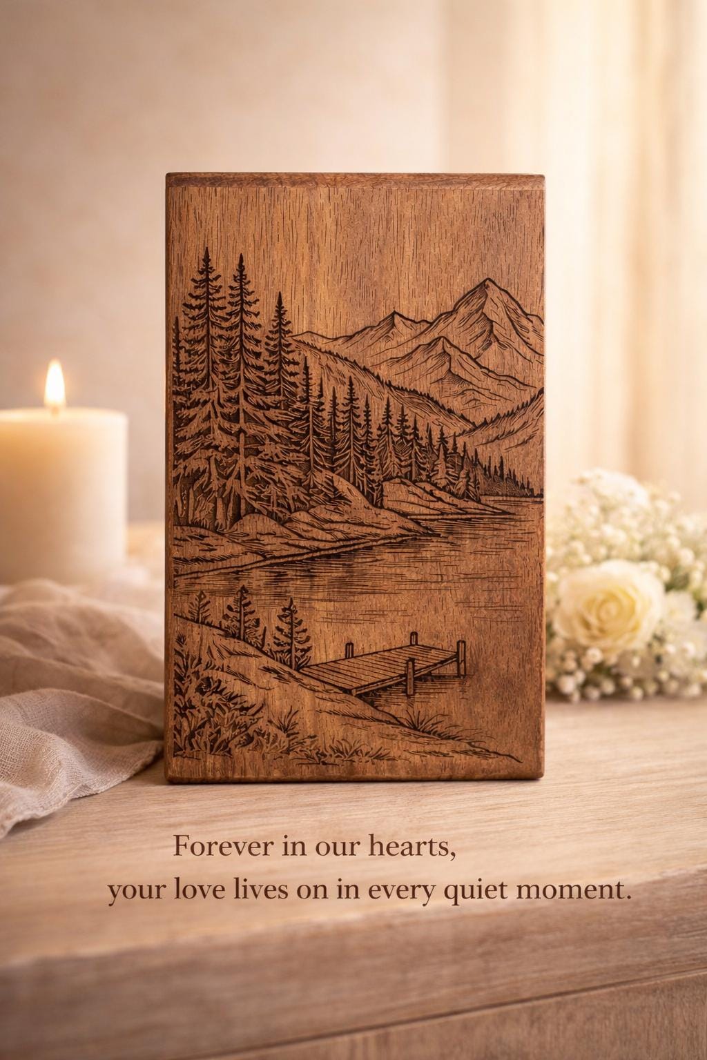 Engraved Walnut Wood Cremation Urn: Mountain Lake Scenic Memorial Tribute Box