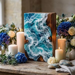 May include: A wooden art piece with a resin ocean design, featuring shades of blue and white, stands on a rustic wooden table. Lit candles and floral arrangements with blue hydrangeas and white roses surround the art piece, creating a serene ambiance.