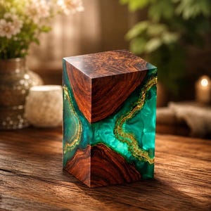 May include: A handcrafted wooden cube with a unique design. The cube features a combination of rich, dark brown wood and vibrant teal resin with gold accents, creating a striking visual contrast. The cube is displayed on a wooden surface.