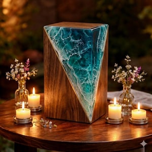May include: A wooden lamp with a triangular resin design. The resin is a mix of teal and white, resembling ocean waves. The lamp is on a round wooden table with lit candles and small vases of flowers.