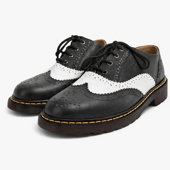 Men’s Black & White Leather Brogue Shoes – Handmade Oxford Style Dress Shoes, Classic Two Tone Leather Shoes