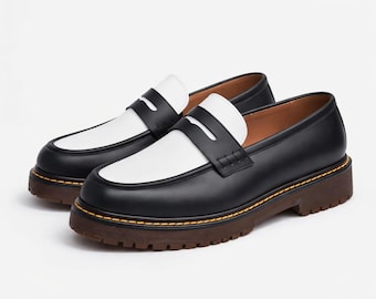Black & White Leather Penny Loafers – Chunky Sole Classic Loafer Shoes