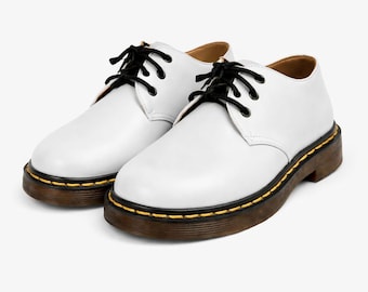 Handmade White Leather Derby Shoes – Classic Lace Up Shoes, Chunky Sole Leather Shoes, Vintage Style Men’s Dress Shoes