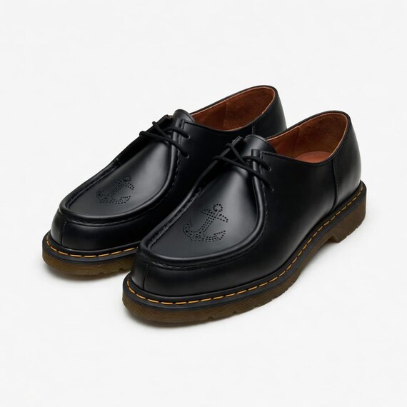 Men’s Black Leather Moc Toe Shoes – Anchor Design Derby Shoes – Handmade Casual & Formal Lace Up Shoes – Unique Vintage Style Footwear