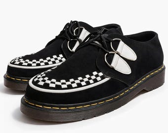 Black Leather Suede Creeper Shoes – Checkerboard Gothic Punk Shoes, Handmade Rockabilly Alternative Footwear