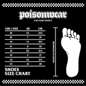May include: Black graphic with a shoe size chart. The chart includes EUR, US, and CM measurements. The brand name "poisonwear" is at the top. The chart shows shoe sizes from 38 to 45, with corresponding US and centimeter measurements.