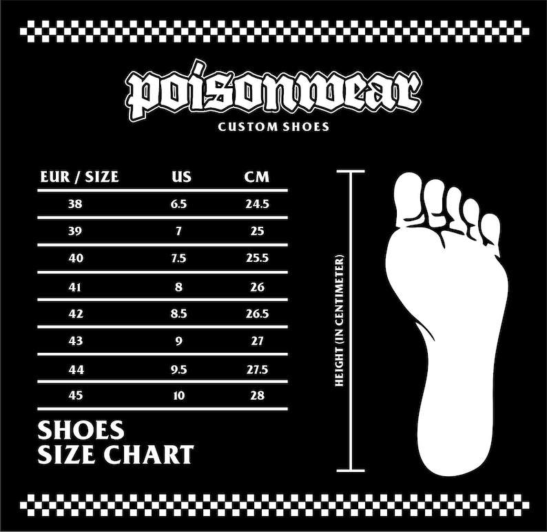 May include: Black graphic with a shoe size chart. The chart includes EUR, US, and CM measurements. The brand name "poisonwear" is at the top. The chart shows shoe sizes from 38 to 45, with corresponding US and centimeter measurements.