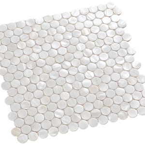 May include: A square mosaic tile sheet composed of numerous small, round, white, mother-of-pearl tiles. The tiles are arranged in a grid pattern, creating a textured surface. The iridescent quality of the tiles gives them a subtle sheen.