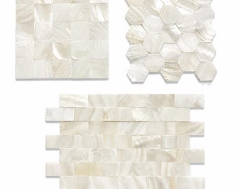 White Mother of Pearl Mosaic Tile Samples（Set of 3 Small Samples) | Hexagon Subway Square Shell Tile | Kitchen Backsplash Bathroom Wall Tile