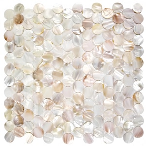 May include: A square mosaic tile composed of numerous iridescent, circular pieces. The tiles vary in color, with shades of white, cream, and pale pink. The overall effect is a shimmering, textured surface, suitable for decorative applications.