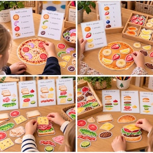 May include: A set of educational food-themed activity cards and matching cardboard cutouts for building pizzas, pancakes, sandwiches, and burgers. The cards feature ingredient lists and illustrations, while the cutouts represent various food items.